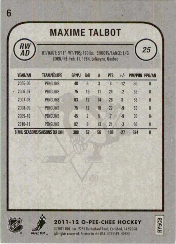 2011-12 O-Pee-Chee Maxime Talbot #6 - Image 2 of 2