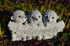 Steinfigur Willkommen Erdmännchen Trio Deko massiv, frostfest, wetterfest