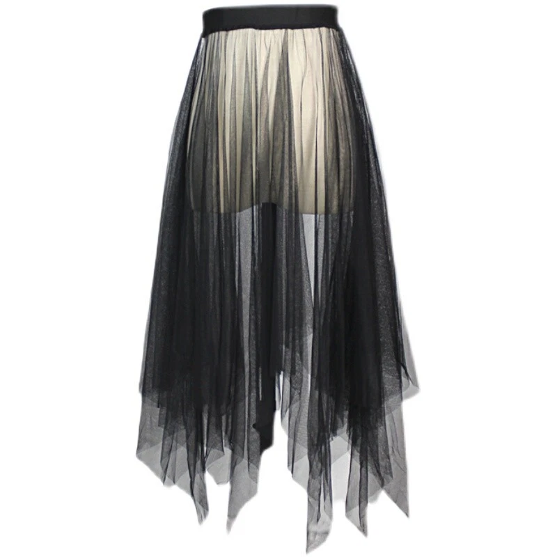 Women Irregular Mesh Skirt Pleated Sheer Tulle Petticoat Asymmetric Lace - Image 2 of 4