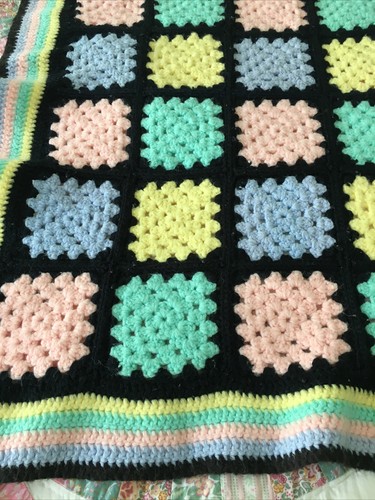VTG hand crocheted baby blanket pink blue yellow green 32”x32” - Picture 2 of 2