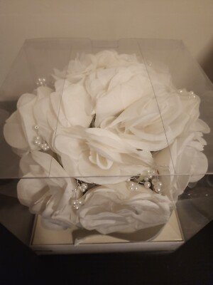 White Roses Wedding Bouquet Bridal Artificial Flowers With Pearls By Simplicity 