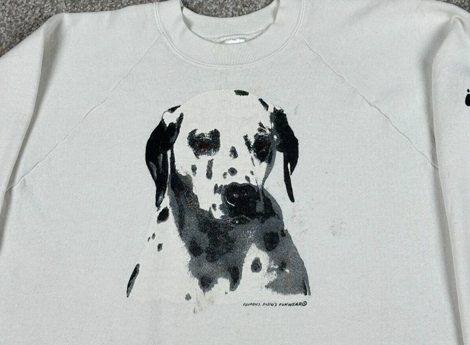 Sudadera De Colección Perro Dálmata Hombres XL Blanca Cuello Redondo Pullover Famoso Fidos Años 80 Foto 2 de 4