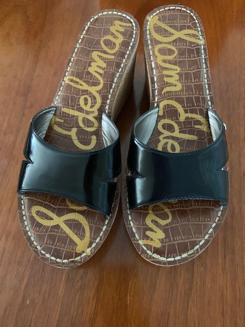 Sam Edelman Reid Black Patent Cork Platform Wedge Slide Sandals Heels US 8M | eBay