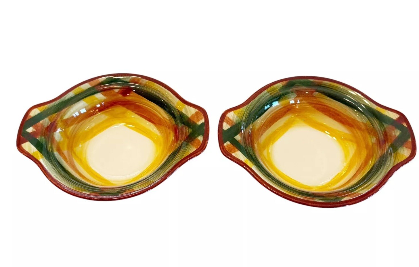 Vintage Vernon Kilns USA Gingham Tab Handle Bowl Brown Rim