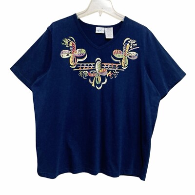 Bobbie Brooks T-Shirt Top Womens Sz 18 Dark Blue With Floral Embellishing V-Neck