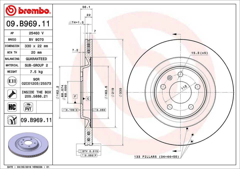 Rotor de freno de disco trasero Brembo 09.B969.11 330 mm para Audi A6 Quattro 2016-2022 Foto 3 de 4