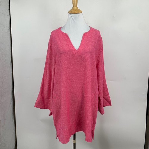 Lands End Blouse Women L Large Pink Split Neck Quarter Sleeve Tunic Linen Blend - Picture 2 of 15