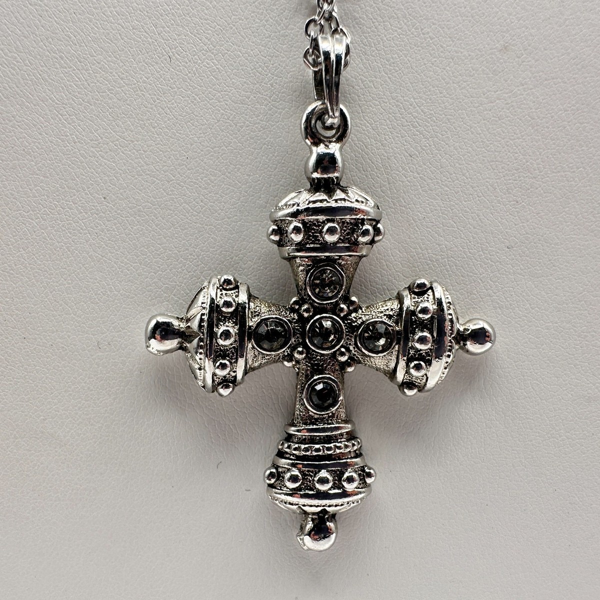 Vintage 90s Byzantine Cross Necklace Silver Tone Clear Glass