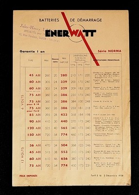   TARIFPROSPEKT BATTERIE AUTO GARAGE ENERWATT 1938 CITROËN FRONTANTRIEB 