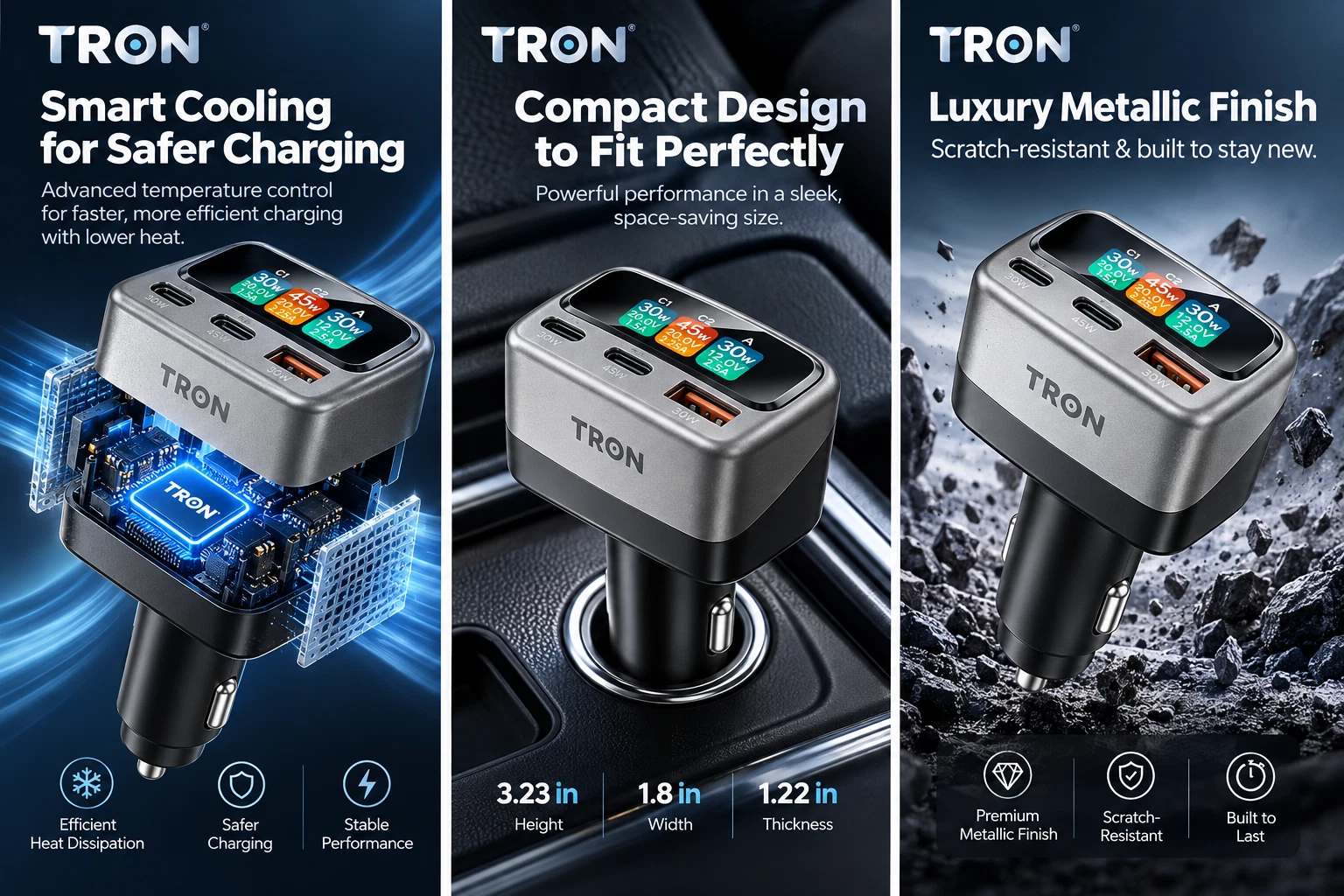 TRON 105W 3-Port Car Charger with Smart TFT Display, USB-C & USB-A Fast Charging - product detail image 14