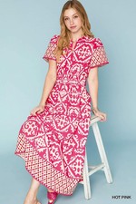 Umgee Hot Pink Tiered Maxi Dress Mandarin Collar  Short Sleeves w/Ric Rac Trim