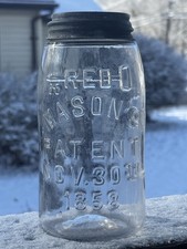 Whittled And Bruised Clear SCA Quart Red Key Masons Patent Fruit Jar