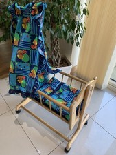 Wooden Dolls Swinging Cot Crib On Wheels with Canopy Drape And Matching Bedding