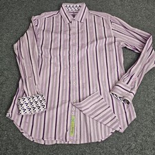 Robert Graham Mens XL Purple Pink Striped Flip Cuff Button Shirt Embroidered