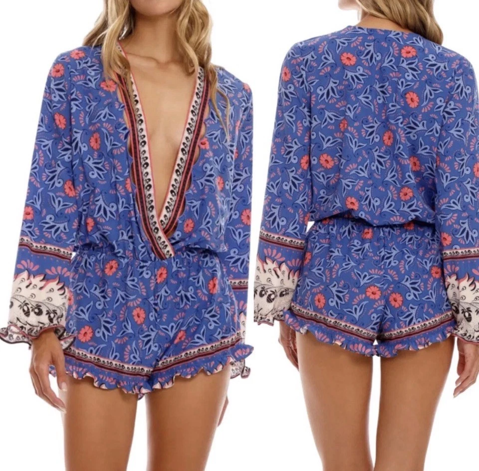 Agua Bendita Larissa Blue Floral Romper Long Sleeve Large Boho Festival Ac8