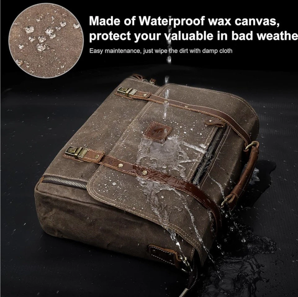 Messenger Bag for Laptop Waxed Canvas Leather Briefcase Satchel Shoulder 16 Inch - Image 3 of 4