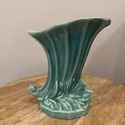CORNUCOPIA VASE Vintage McCOY ART pottery: Glossy Teal Blue  LEAF & BERRY 4.5” T