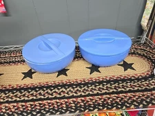 2 Vintage Hall China Montgomery Ward  1930's Blue Refrigerator Dish w/Lid  Round