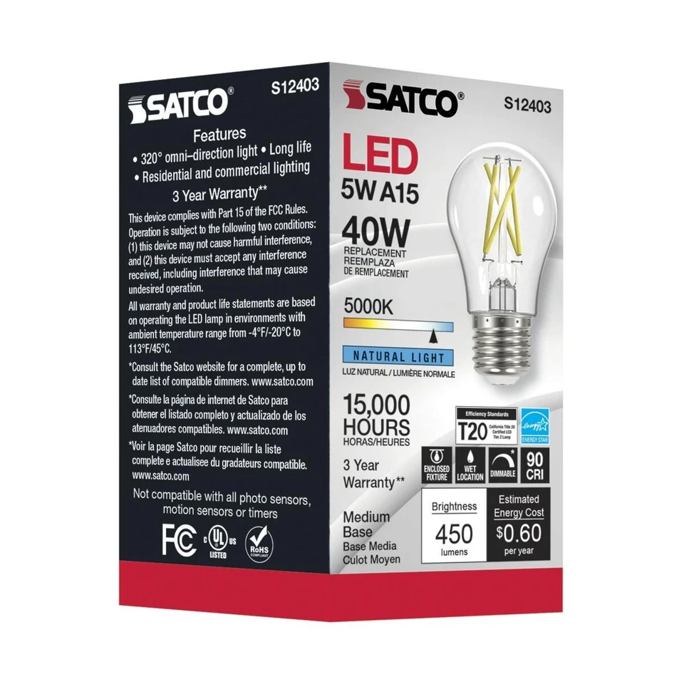Satco S12403 - 5 Watt LED A15 Clear LED Bulbs - 5000K - 120 Volt (6 pack) - Image 4 of 4