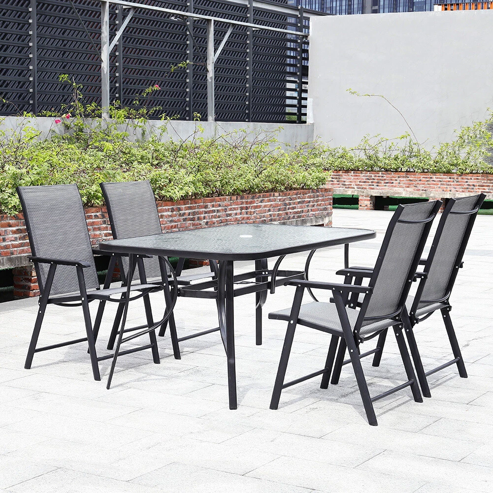 Garden Patio Table And 4 6 Foldable Chairs Outdoor Seating Set W Parasol Hole
