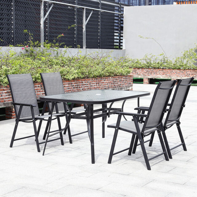 Garden Patio Table And 4/6 Foldable Chairs Outdoor Seating Set W/ Parasol Hole