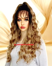 30" LACE FRONT FULL WIG LONG WAVY LAYERED OMBRE GOLDEN BLONDE MIX HEAT OK