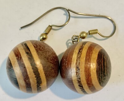 VTG MCM WOOD LAYERED STRIPED ROUND BALL SPHERE DANGLE BOHO MOD HIPPY EARRINGS