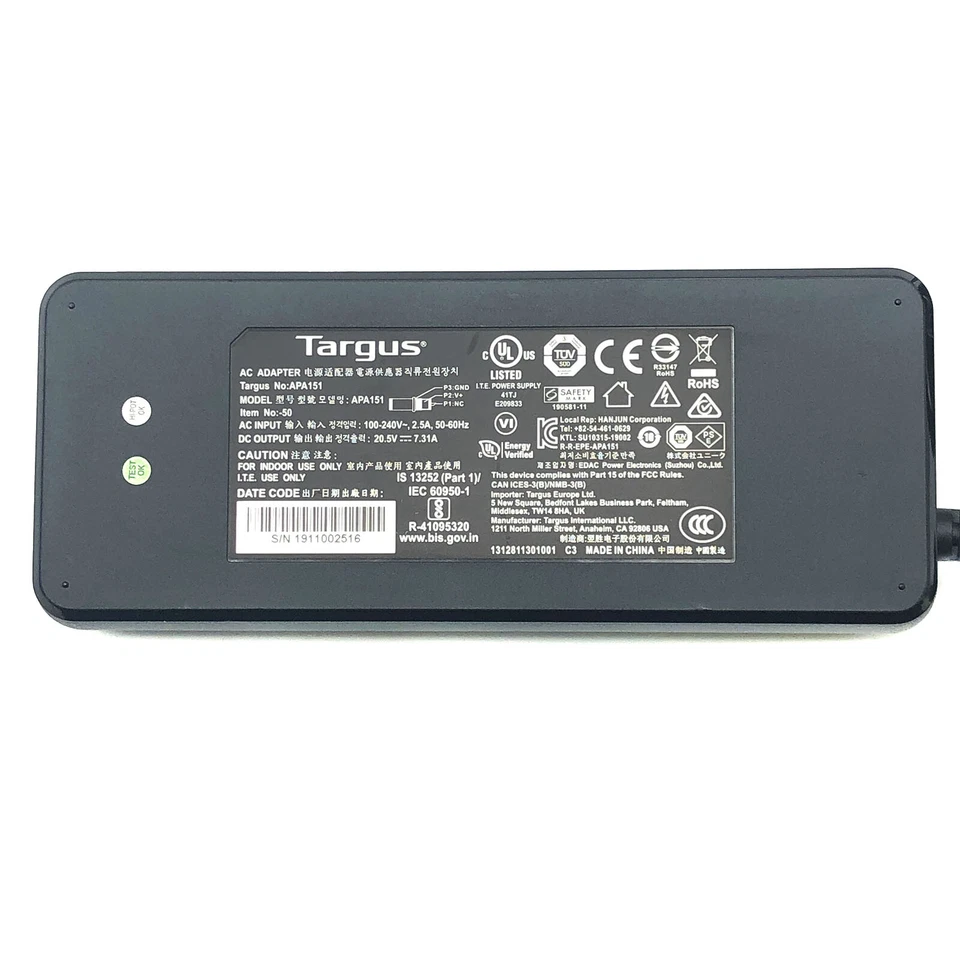 Adaptador de corriente alterna Targus 150 W genuino para cargador de base 4K DOCK190USZ OEM Foto 2 de 4