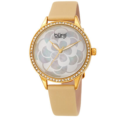 Women's Burgi BUR203YG Swarovski Floral Dial Gold Tone Leather Strap Watch