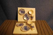 New Miniature Place Settings  2 Blue Plates, Bowl , Ceramic Glass set of 2