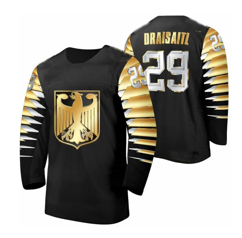 Custom Draisaitl #29 Team Germany Hockey Jersey Black&Gold Any