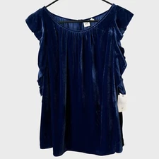 GAP Velvet Short-Sleeve Ruffled Blouse Top Cobalt Blue Women's Size XL New