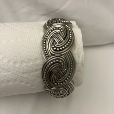 Bracelet, hinged bangle, antiqued Sterling Silver Toned beaded braid design Vntg