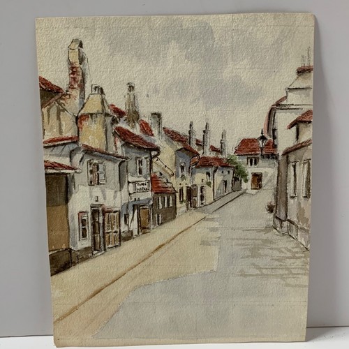 VINTAGE DOUBLE SIDED WATERCOLOUR PAINTING TOWN BUILDING CHURCH SIGNED DATED 1959 - Picture 4 of 24