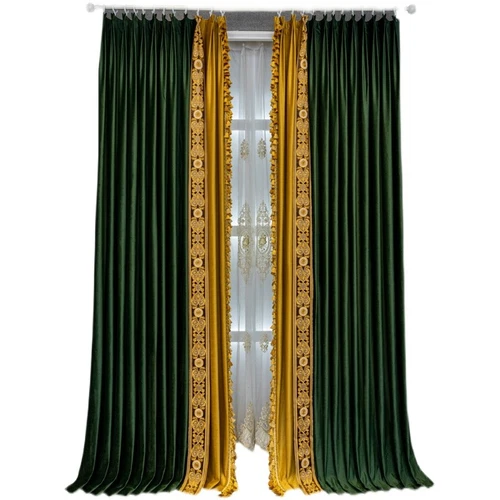 tenda di lusso americana alta classe spessa tessuto velluto verde tenda tulle C1449 - Foto 6 di 12