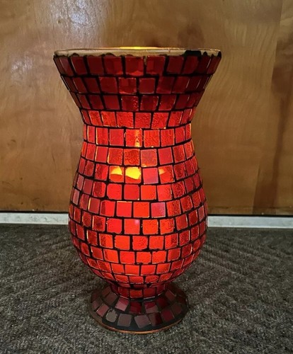 Mosaic Leaded Red Glass Vase 11” Tall Heavy - Picture 6 of 10