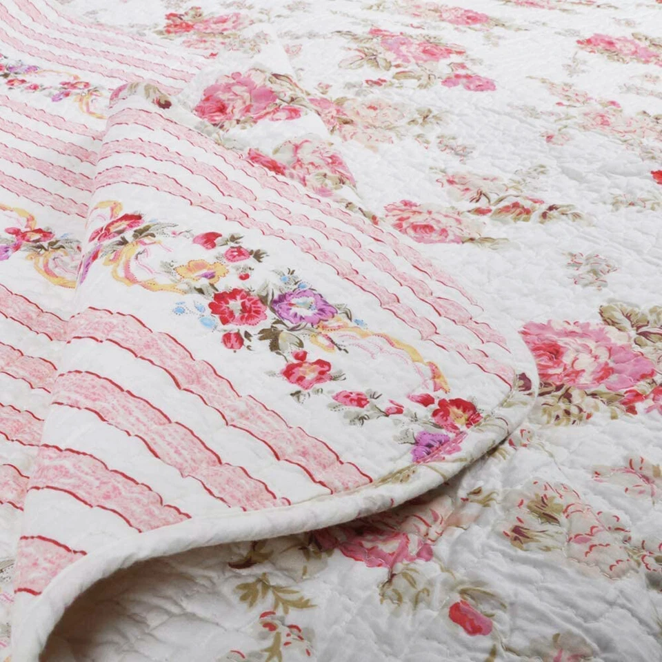 Spring Peony Pink Red Floral Printed Reversible Cotton Quilted Throw  - Image 4 of 4