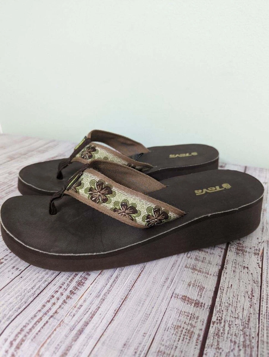 Teva Womens size 9 Platform sandals wedge thong brown Floral eBay