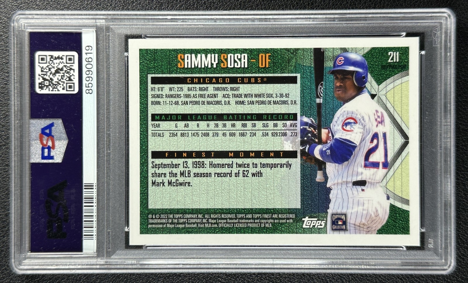 SAMMY SOSA PSA 10 2022 TOPPS FINEST FLASHBACKS #211 SP REFRACTOR CUBS 0619 view 2