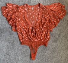 Intimately Free People Women's Orange Floral Flutter Sleeve Bodysuit SMALL SP