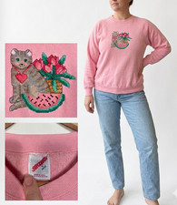 Vintage 1990s Watermelon Cat Needlepoint Sweatshirt Made In USA Size L