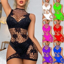 Bodycon Dress Womens BodyStocking Fishnet Half High Collar Hollow Out Lingerie