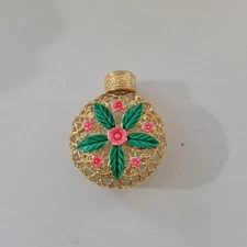 Vintage Mini Perfume Bottle Gold Metal Wrap with Enamel Flowers 2"