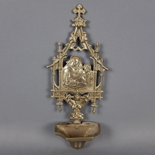 Gothic Silver-Plated Brass Holy Water Font Vintage 20th Century