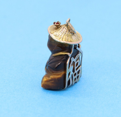 Vintage 14K Gelbgold Tigerauge Buddha 1'' FU Symbol Glück Anhänger Charm