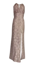 OLEG CASSINI Sz 12 Blush Lace Sheath Dress Long Gown Embellished Wedding Stretch