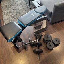 Adjustable 29kg Black Dumbbell Set, Weightlifting Bench, Kettle Bell & Gym Mat