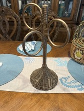 Vintage 1970 s Three-Ring Wicker/Ratan Boho Towel Holder with Wooden Bottom