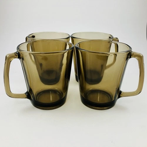 Vintage PYREX 1400 Amber Brown Glass Cup Mug Made In USA Set of 4