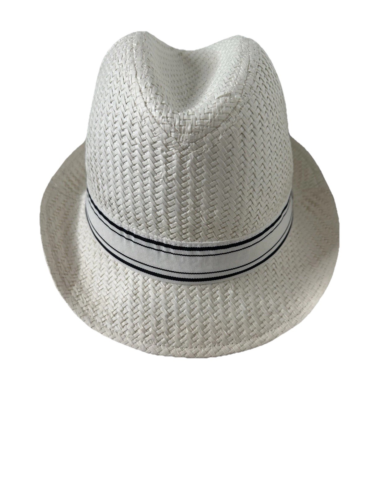 H&M Large White Faux Straw Fedora Hat with Black & White Band